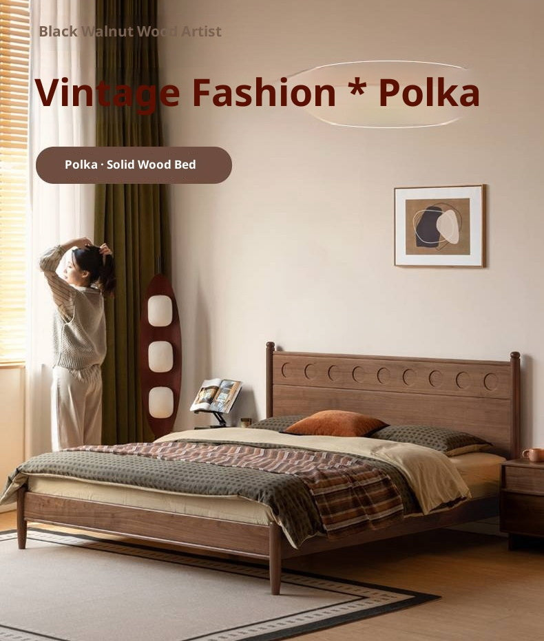 Black Walnut Solid Wood Bed with Carved Polka Dot Headboard