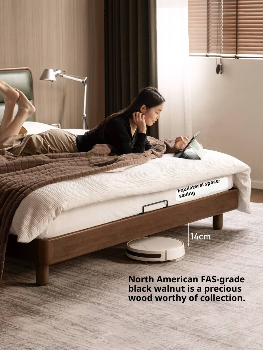 Black Walnut, Teak Solid Wood Luxury Genuine Leather Bed