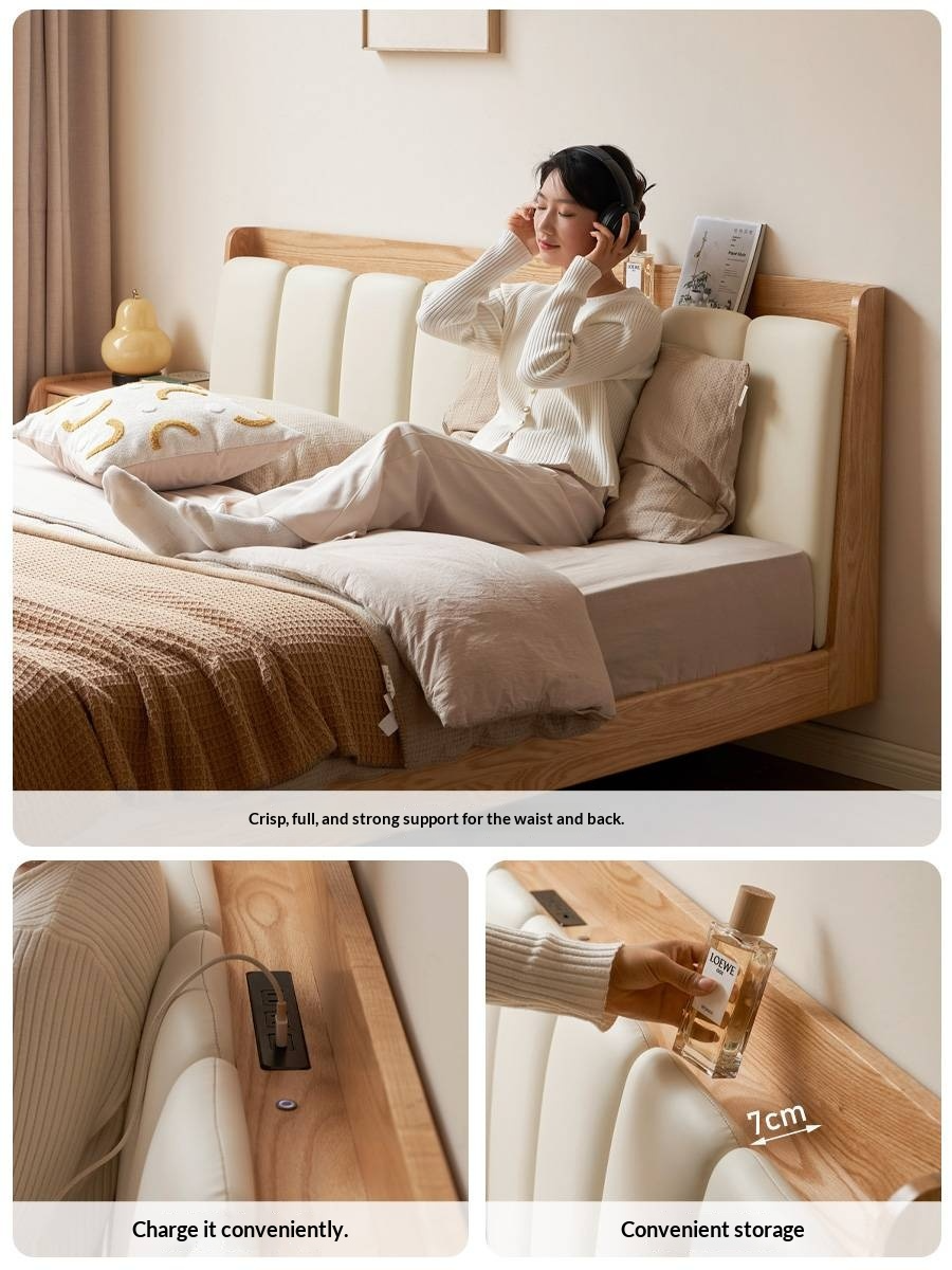 Oak Solid Wood Suspended Bed with Soft Backrest – Piano Key Design