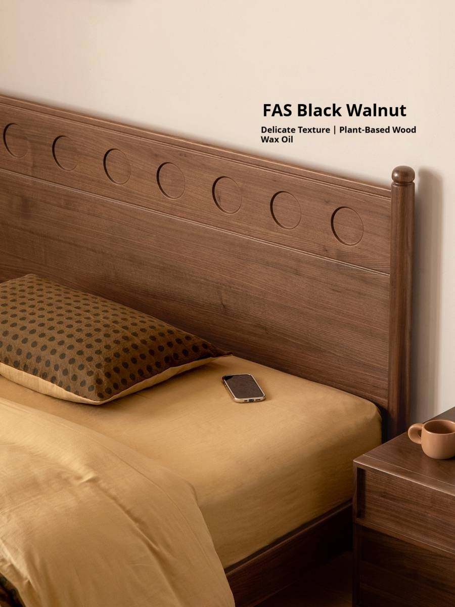 Black Walnut Solid Wood Bed with Carved Polka Dot Headboard