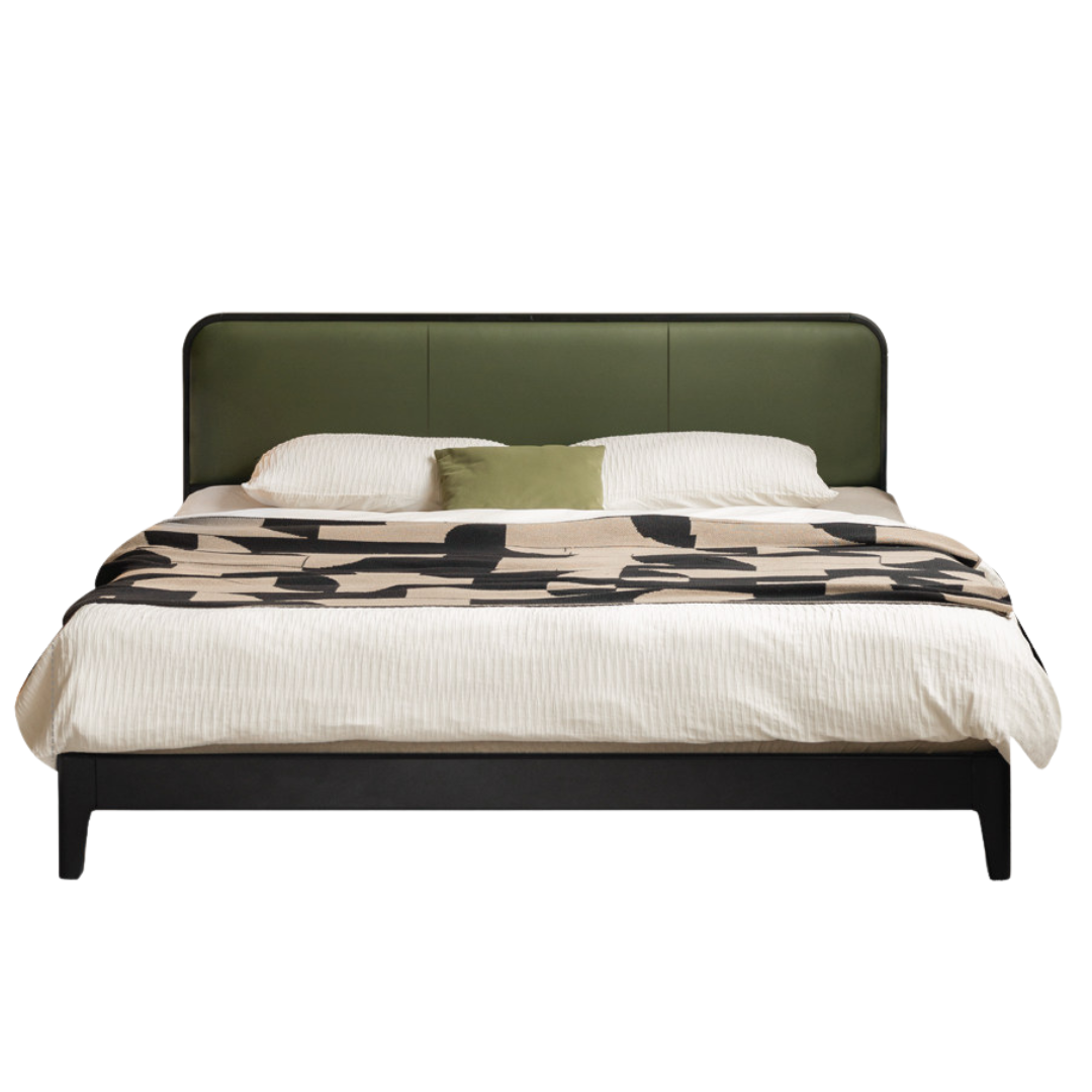Rubberwood Solid Wood Bed — Modern Minimalist Design with Black Soft Headboard