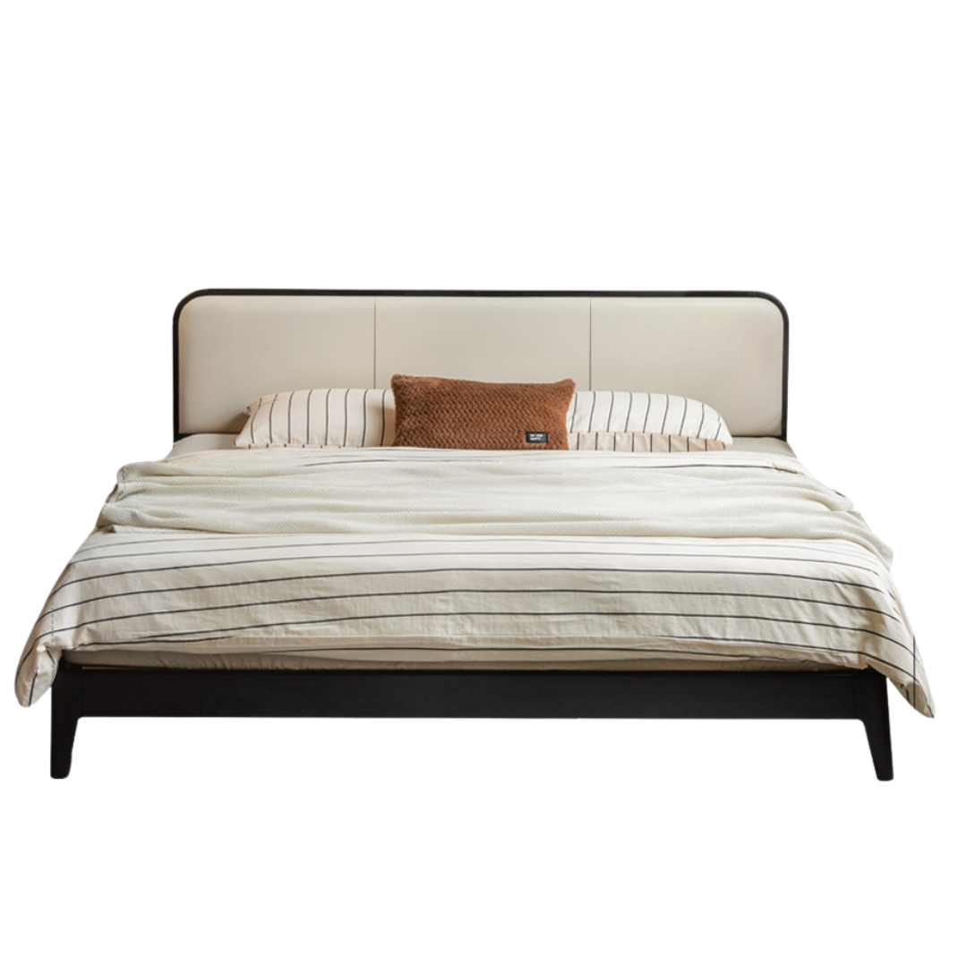 Rubberwood Solid Wood Bed — Modern Minimalist Design with Black Soft Headboard