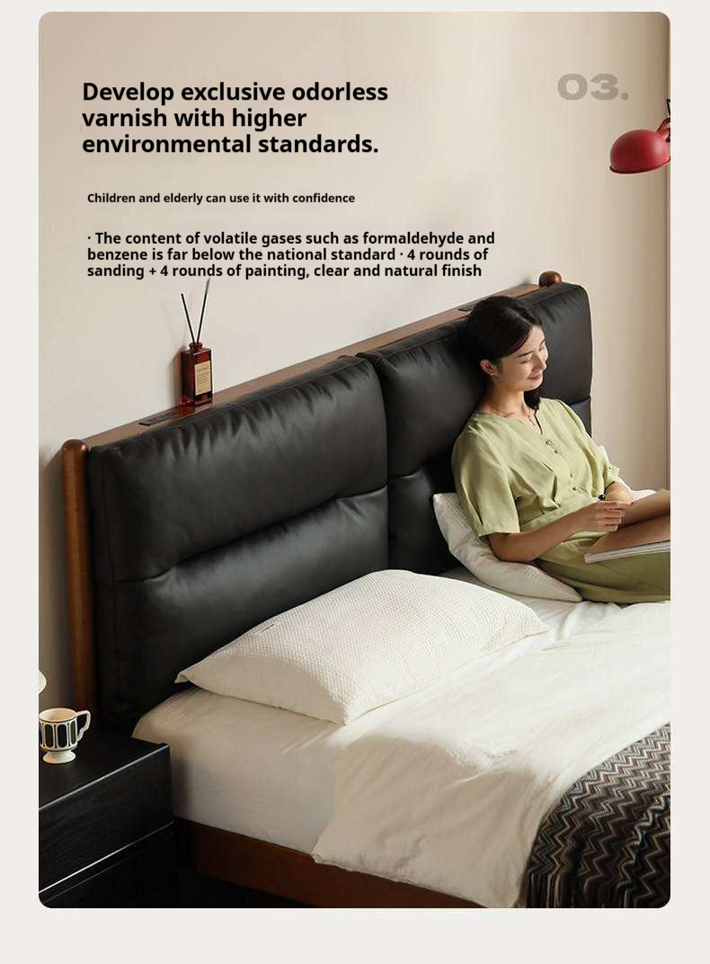 Poplar Solid Wood Mid Century Leather Bed with Padded Headboard