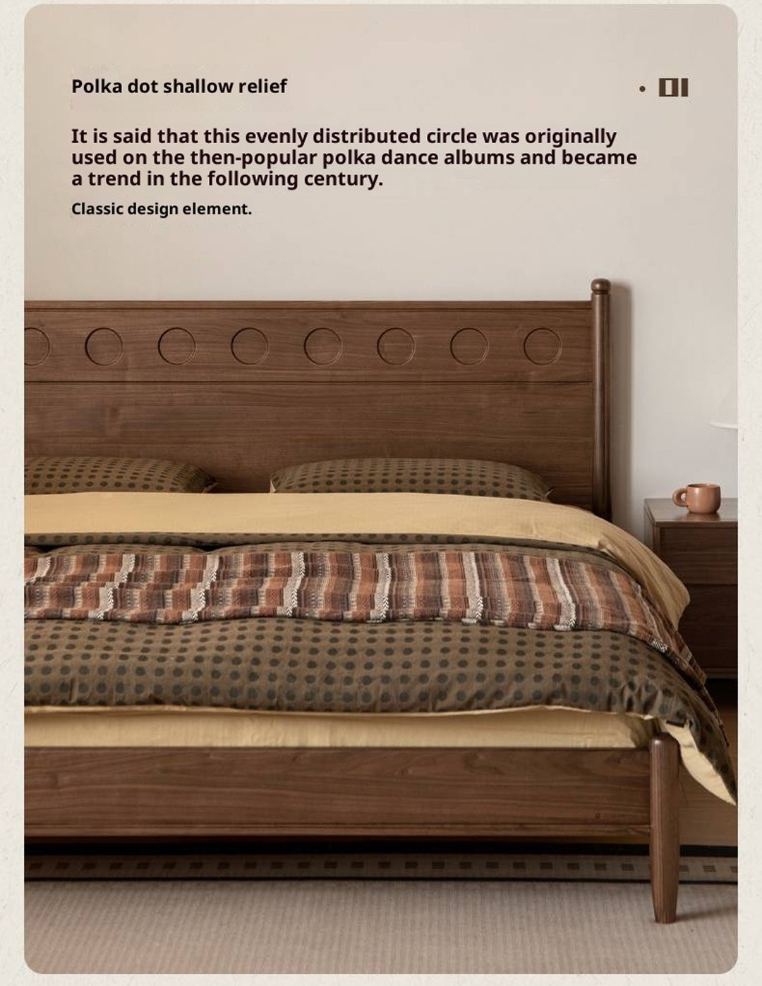 Black Walnut Solid Wood Bed with Carved Polka Dot Headboard