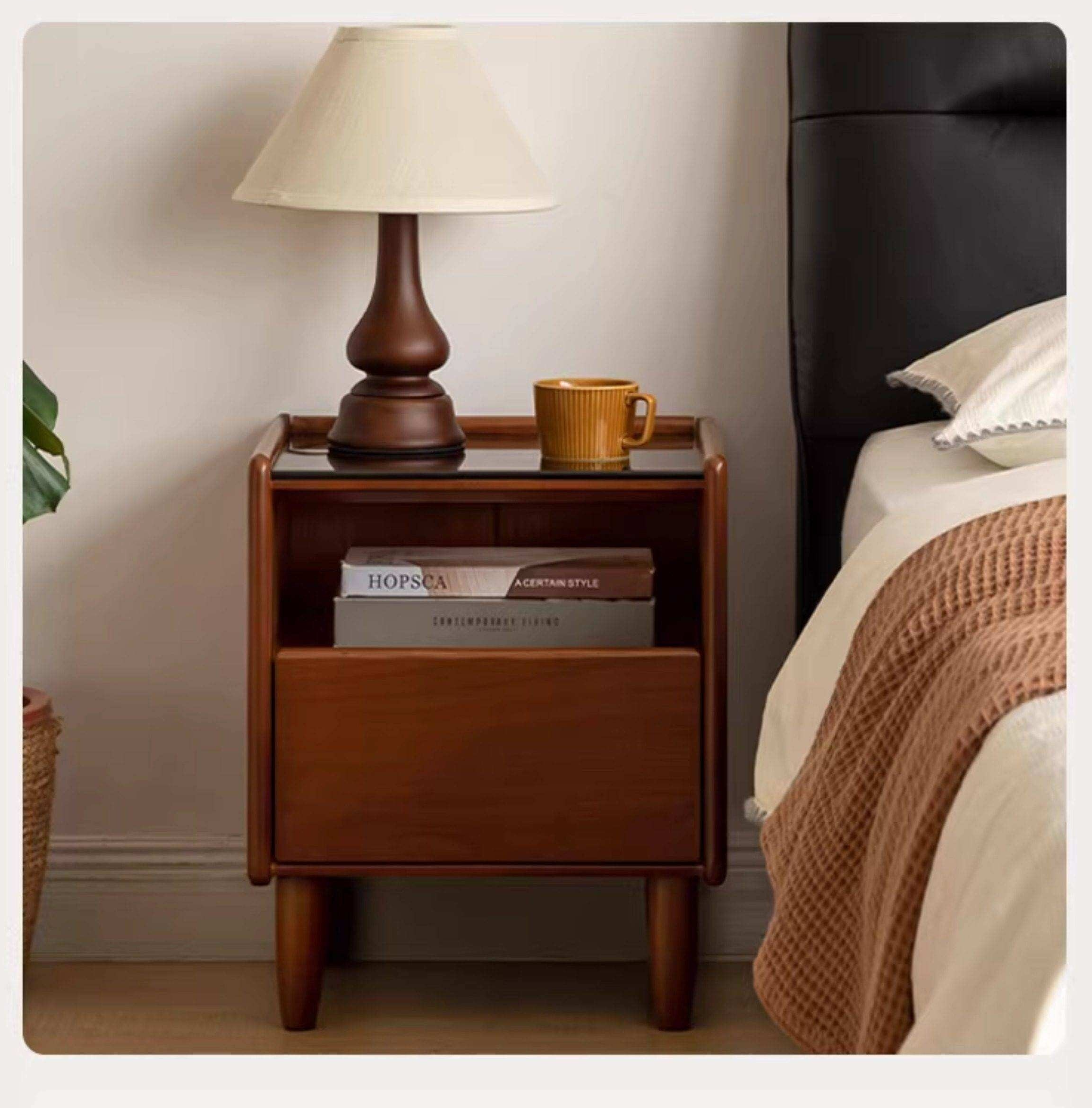 Poplar Solid Wood Mid Century Leather Bed with Padded Headboard