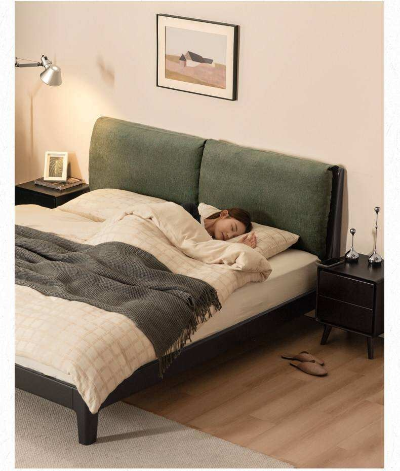 Rubberwood Solid Wood Genuine leather, Fabrics Simple Soft Double Bed