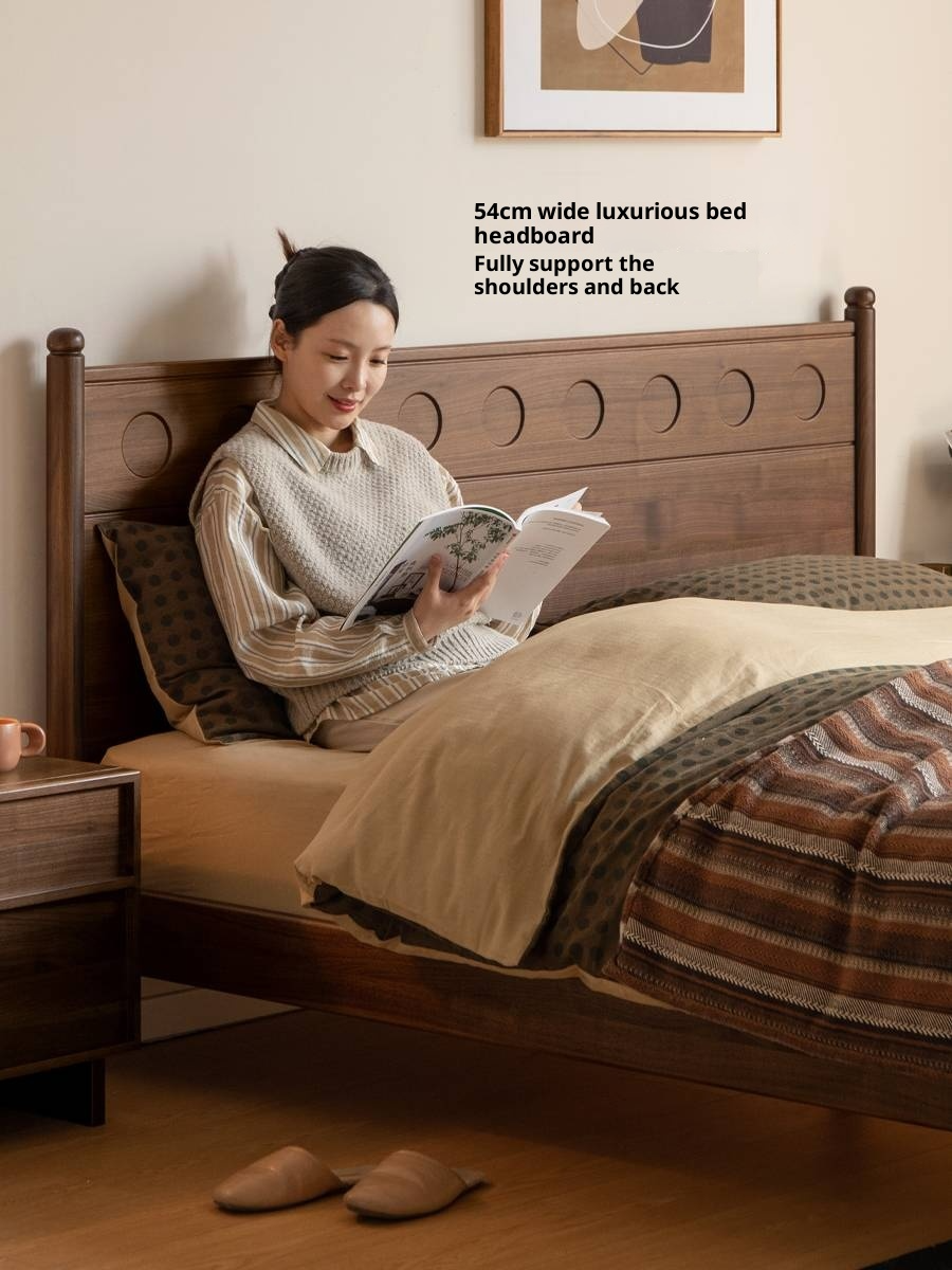 Black Walnut Solid Wood Bed with Carved Polka Dot Headboard