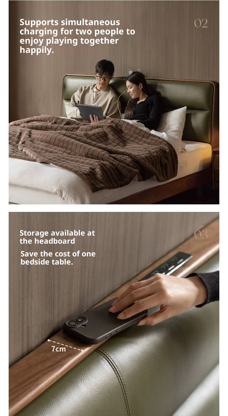 Black Walnut, Teak Solid Wood Luxury Genuine Leather Bed