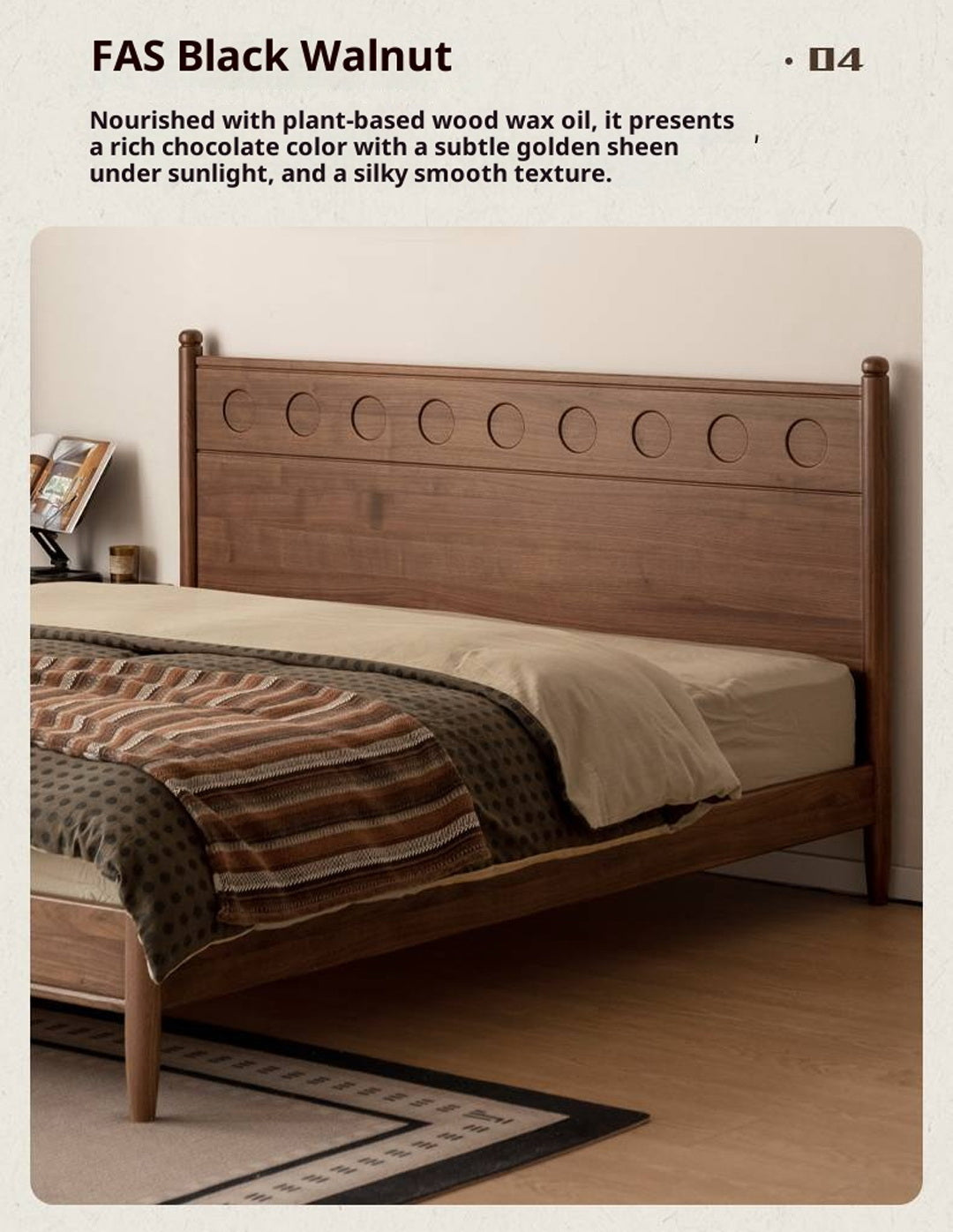 Black Walnut Solid Wood Bed with Carved Polka Dot Headboard