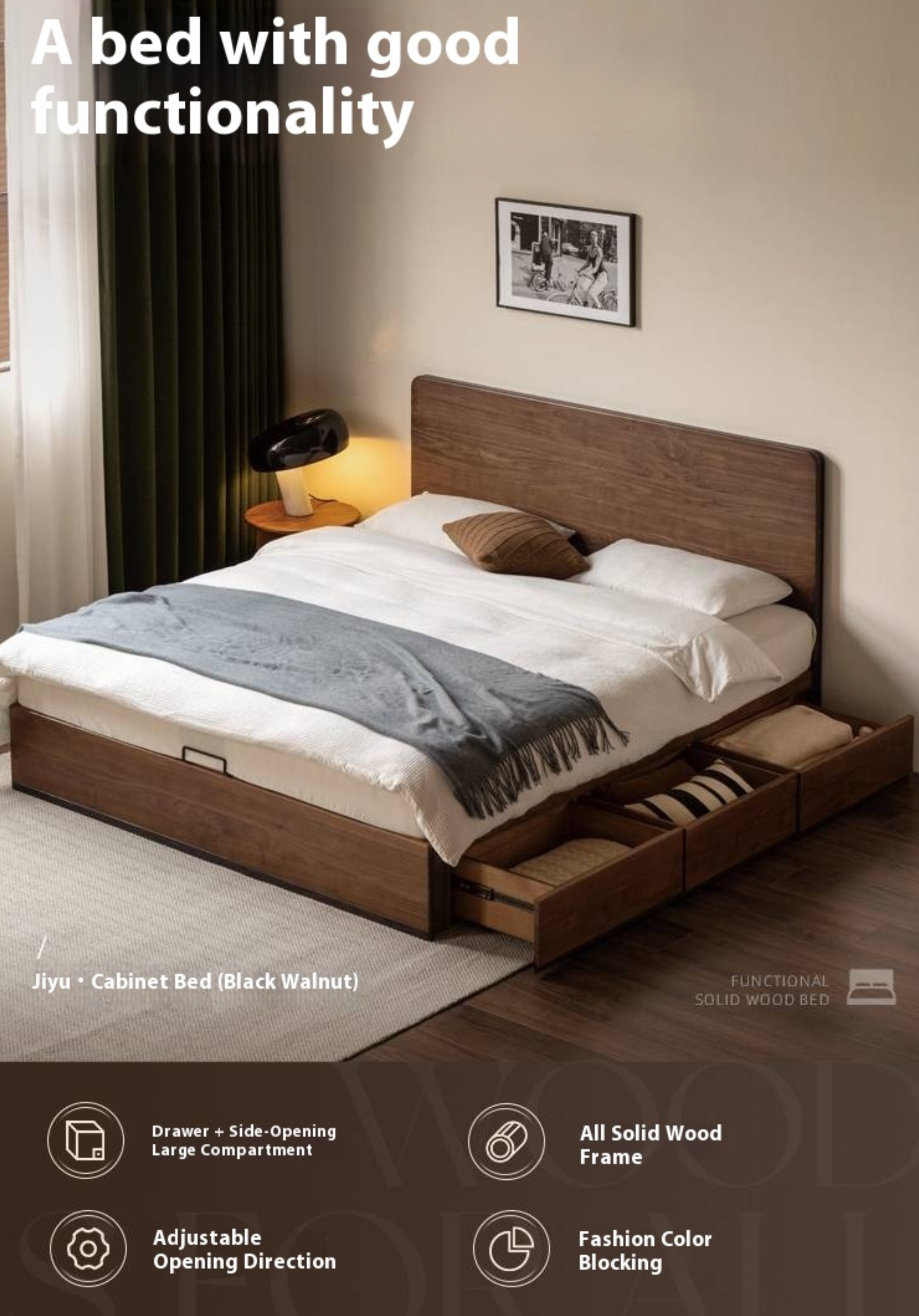 Black Walnut Solid Wood Light Luxury Box Bed
