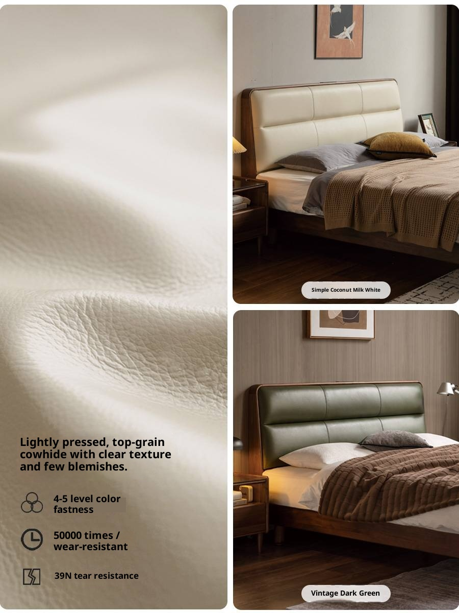 Black Walnut, Teak Solid Wood Luxury Genuine Leather Bed