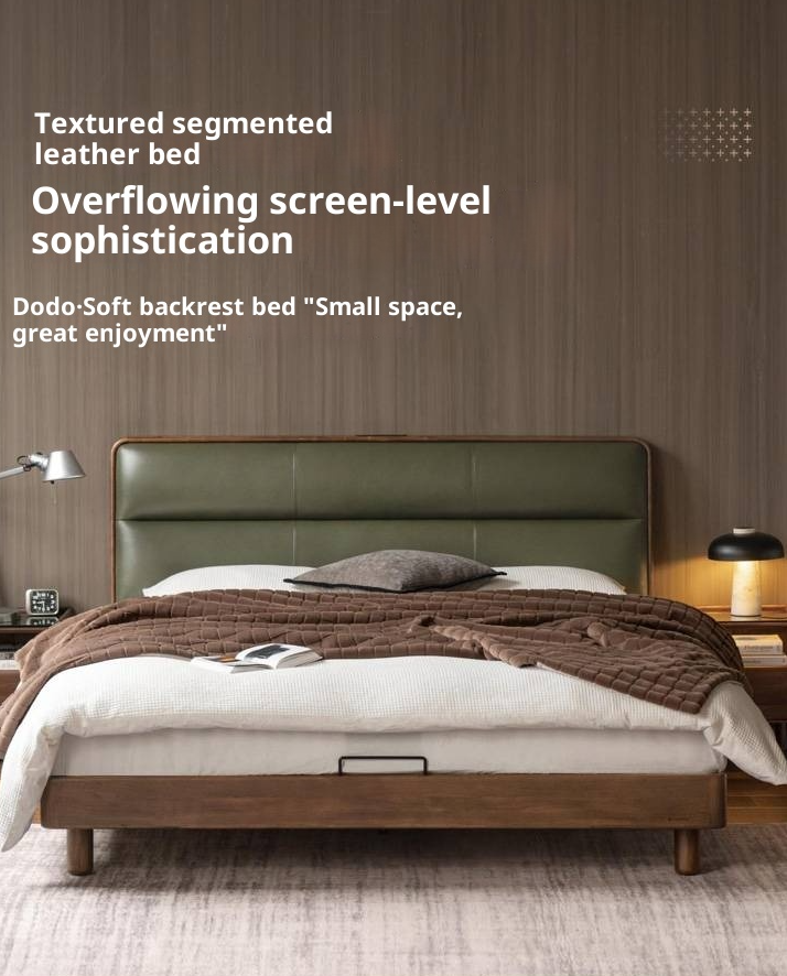 Black Walnut, Teak Solid Wood Luxury Genuine Leather Bed