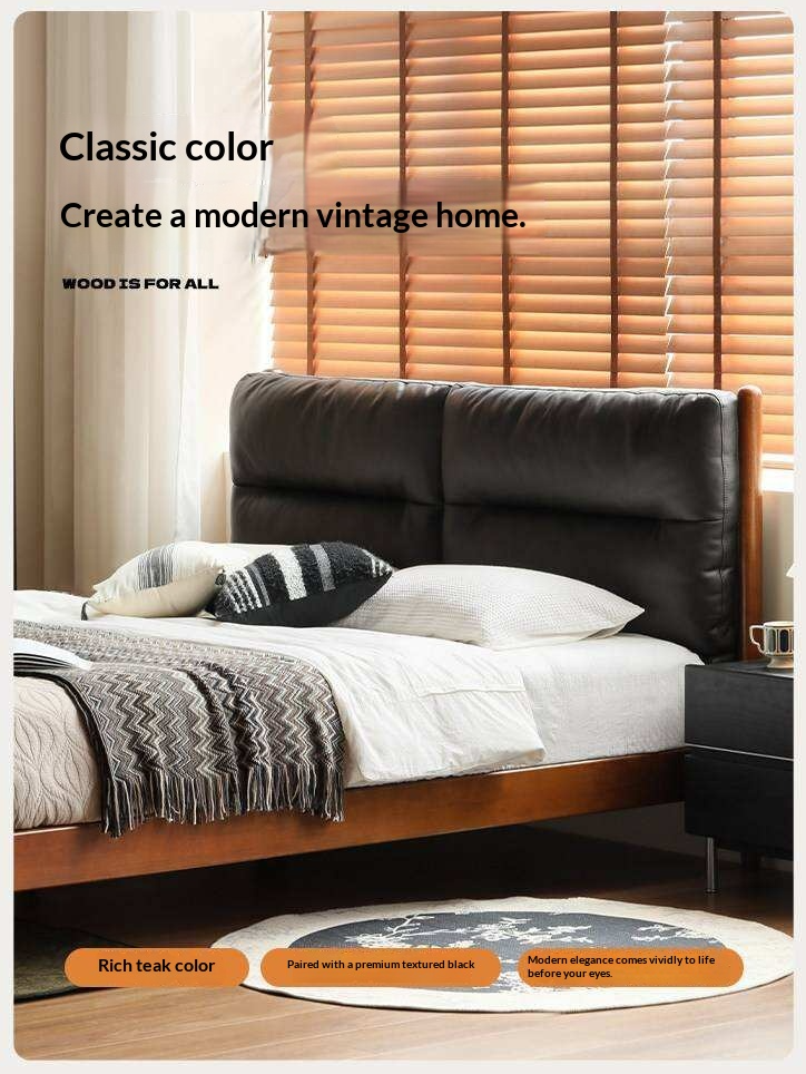 Poplar Solid Wood Mid Century Leather Bed with Padded Headboard