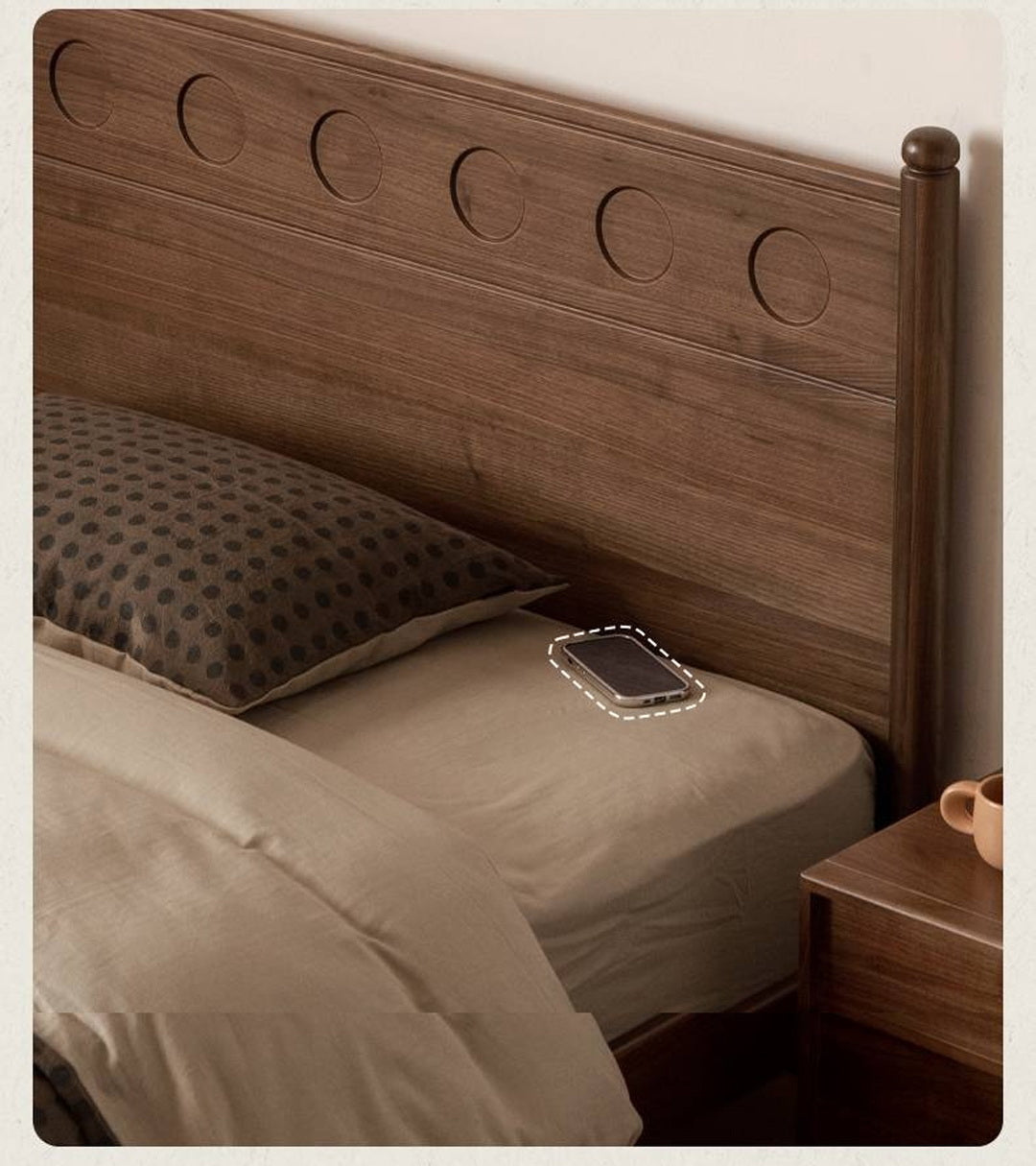 Black Walnut Solid Wood Bed with Carved Polka Dot Headboard