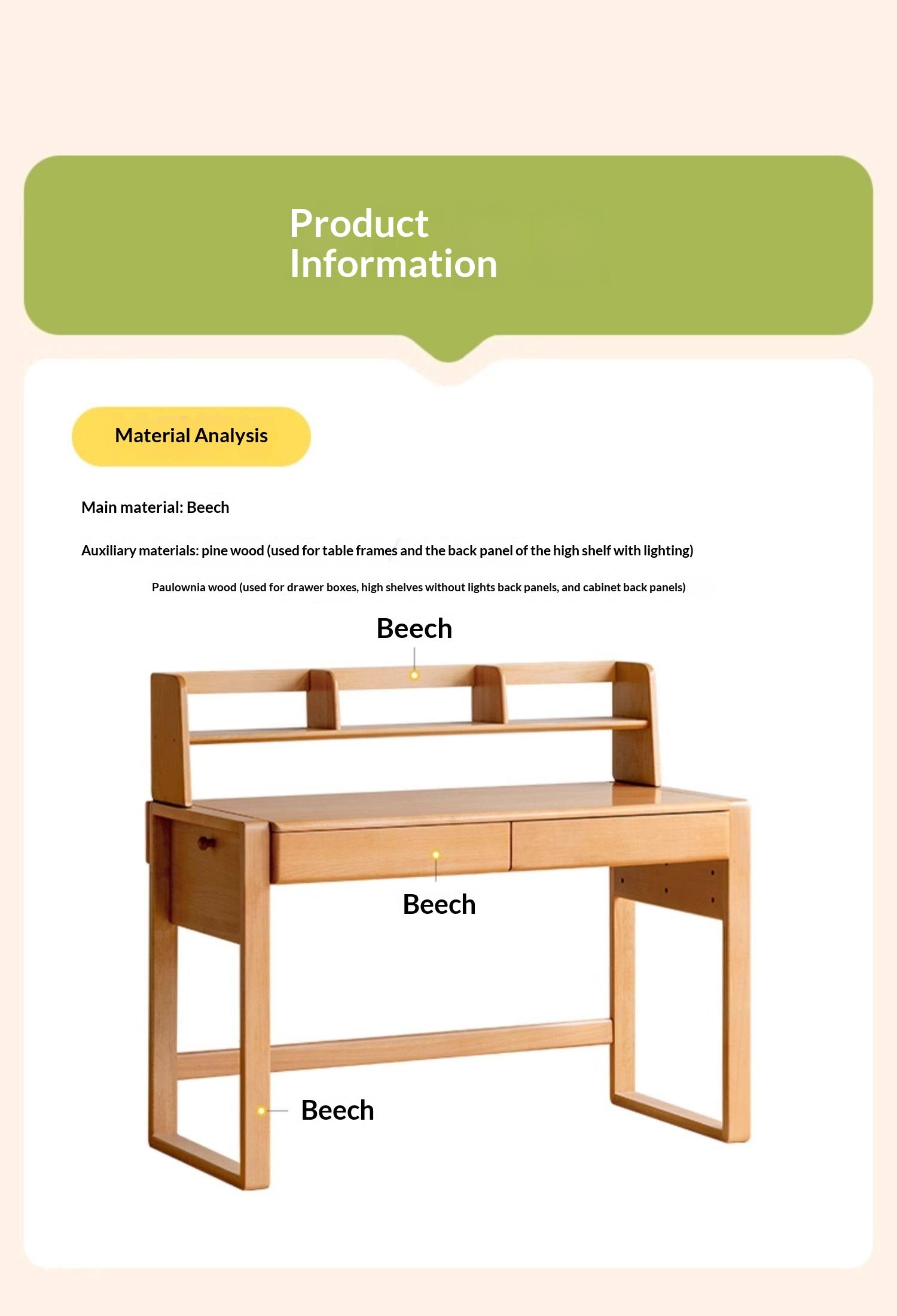 Beech Solid Wood Adjustable Height Children's Study Desk With Integrated Bookshelf