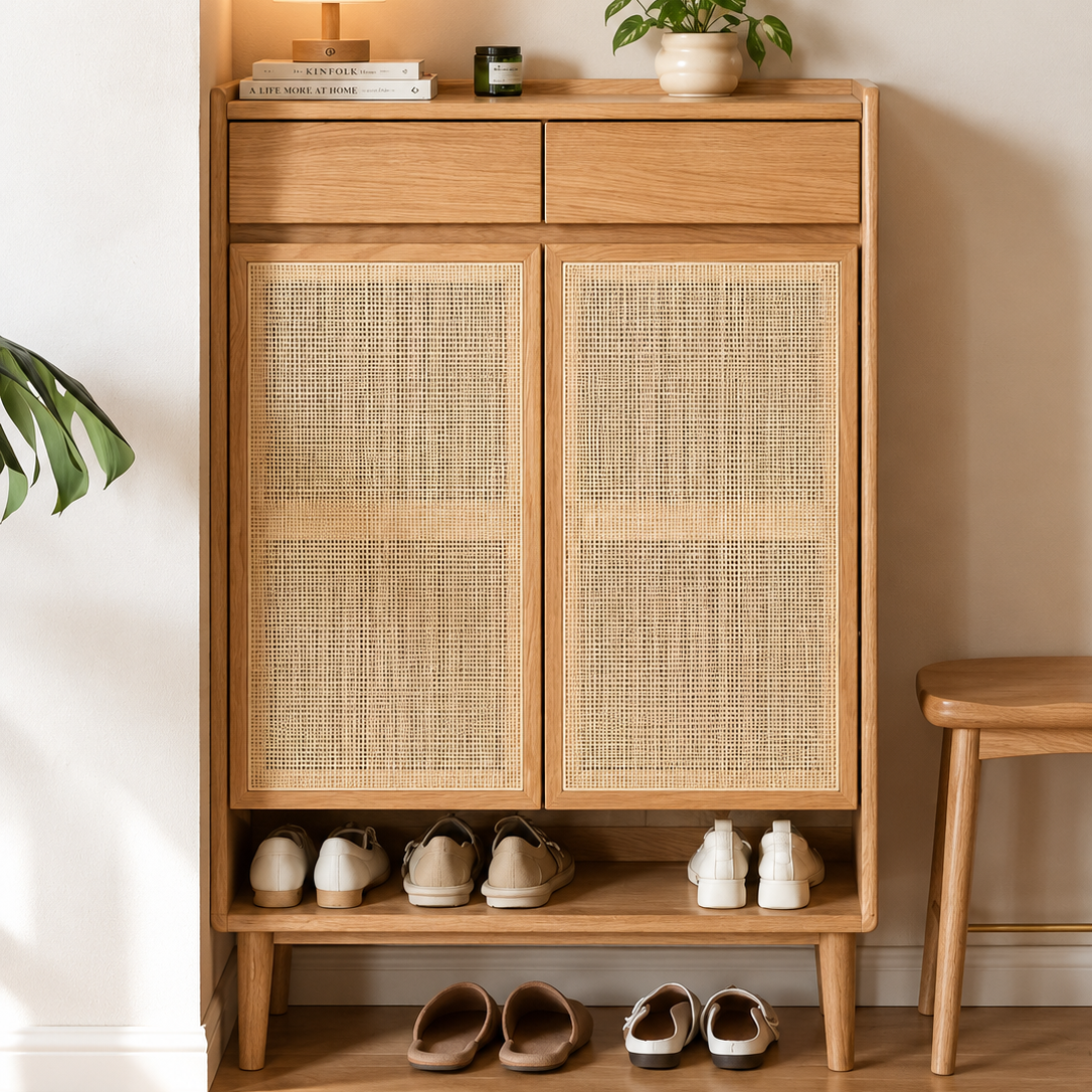 Oak Solid Wood Modern Entryway Shoe Cabinet with Drawers