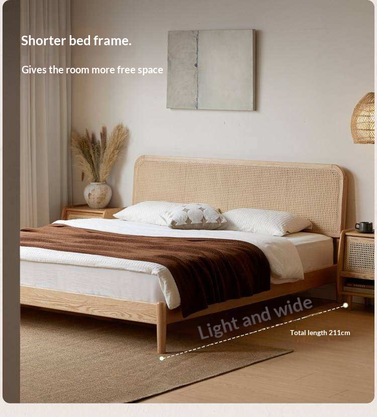 Oak Solid Wood Platform Bed with Curved Rattan Headboard