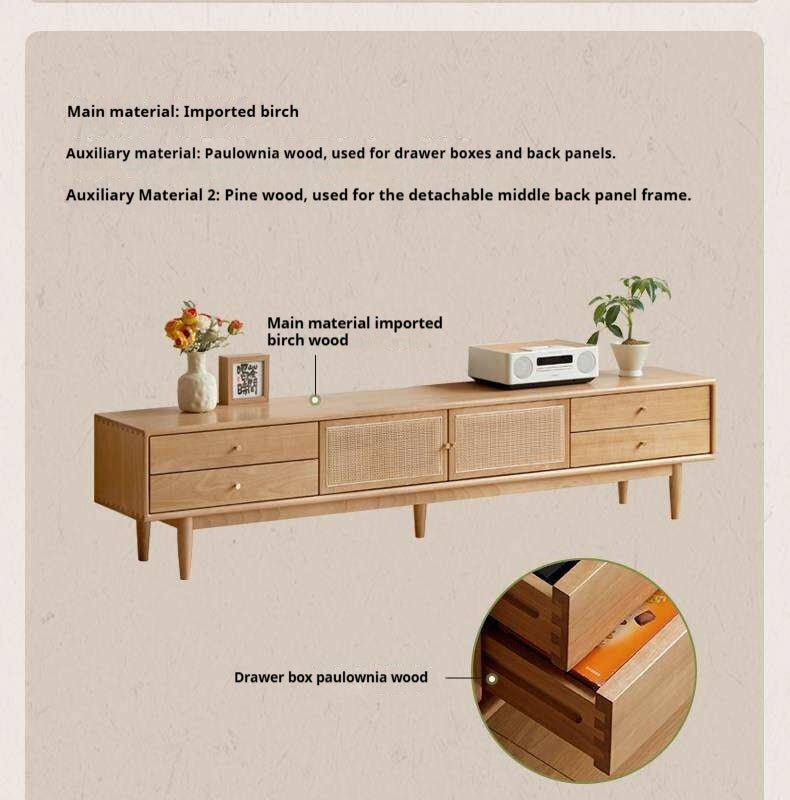 Birch Solid Wood TV Cabinet with Rattan Sliding Doors and Minimalist Storage