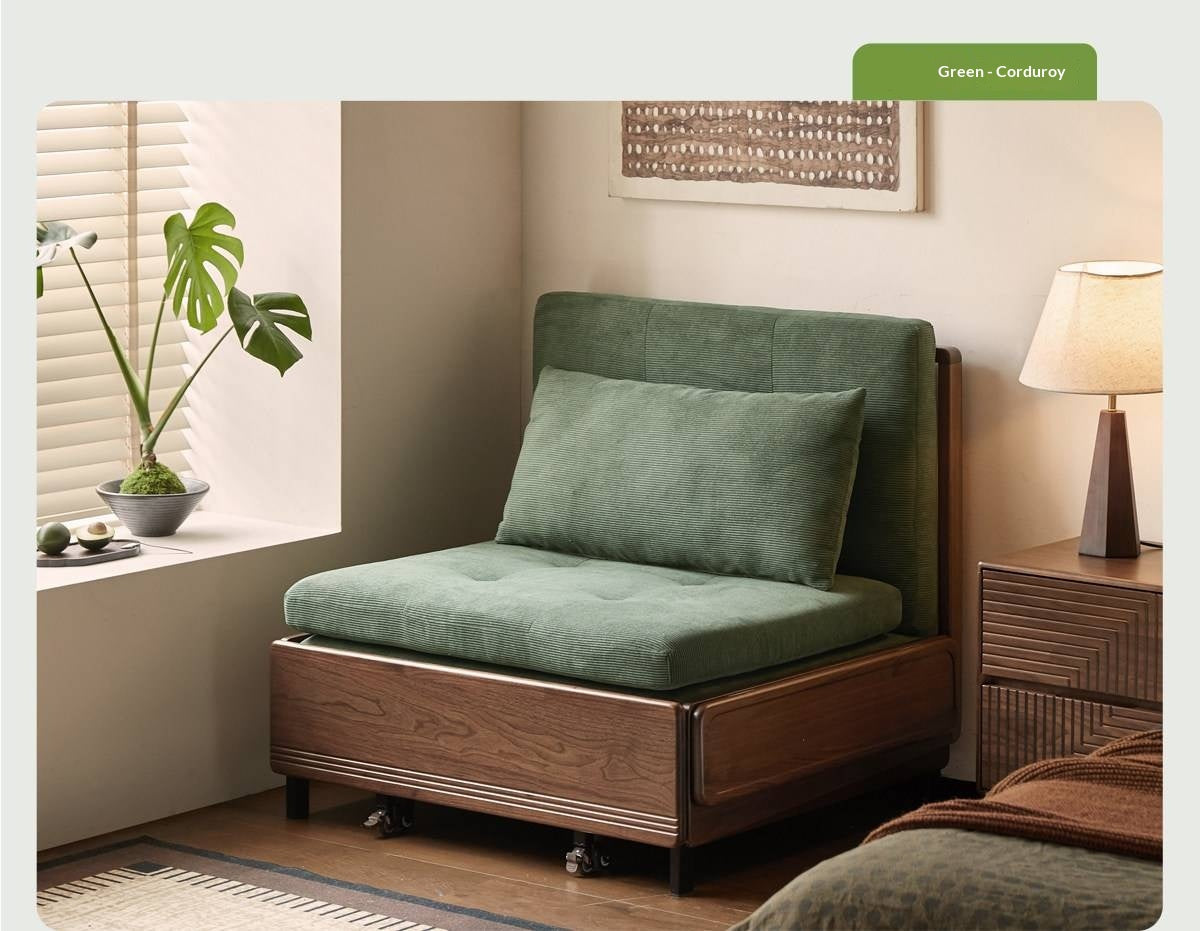 Black Walnut, Oak Solid Wood Sleeper Chair-sofa Bed with Attached Fold-Out Side Tray