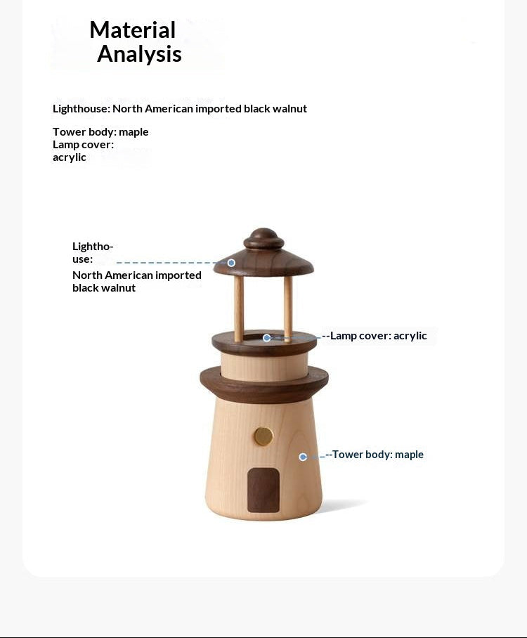 Black Walnut, Maple Solid WoodLighthouse Night Light for Bedroom and Bedside