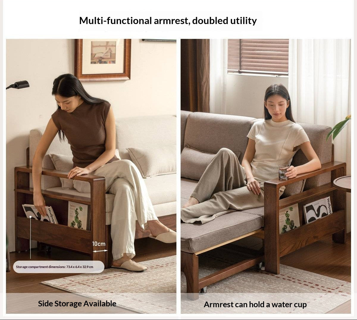 Oak, Beech Sofa Bed with Wood Frame and Side Storage Pocket
