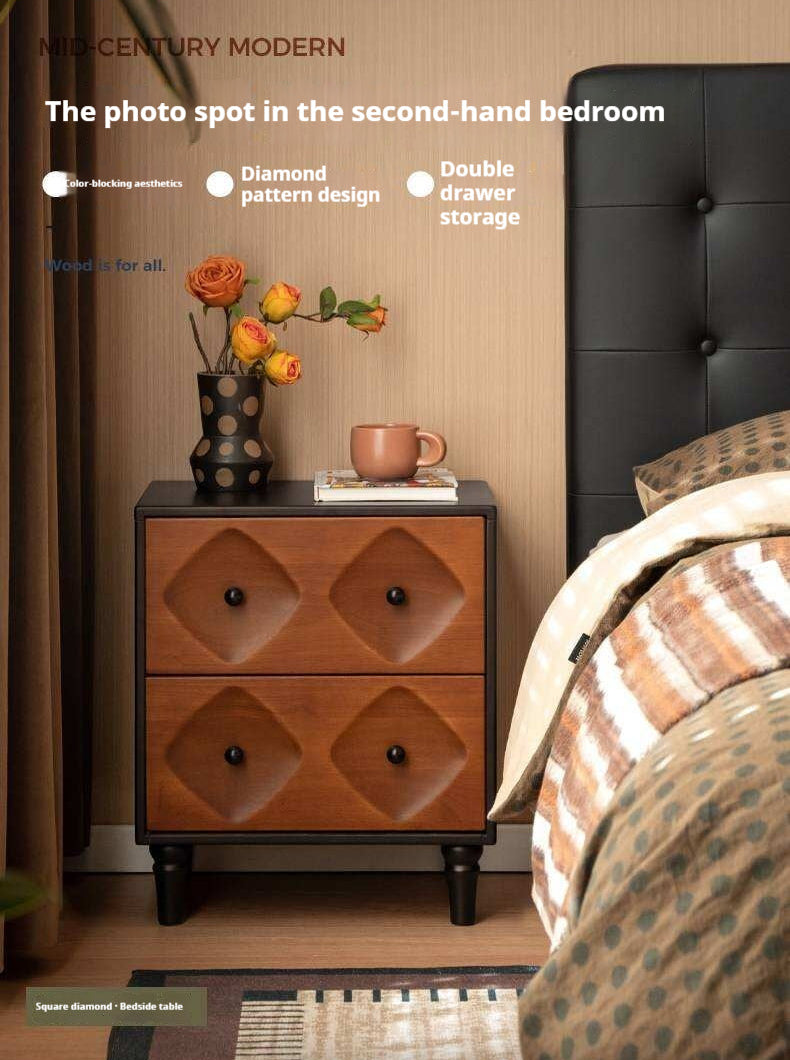 Solid RubberWood Nightstand Mid Century Two-Drawer Storage Cabinet