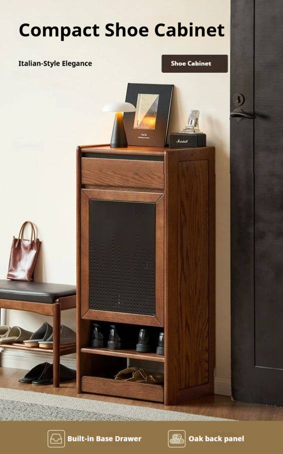 Oak Solid Wood Narrow Shoe Storage Cabinet with Flip-Top Compartment and Perforated Metal Door
