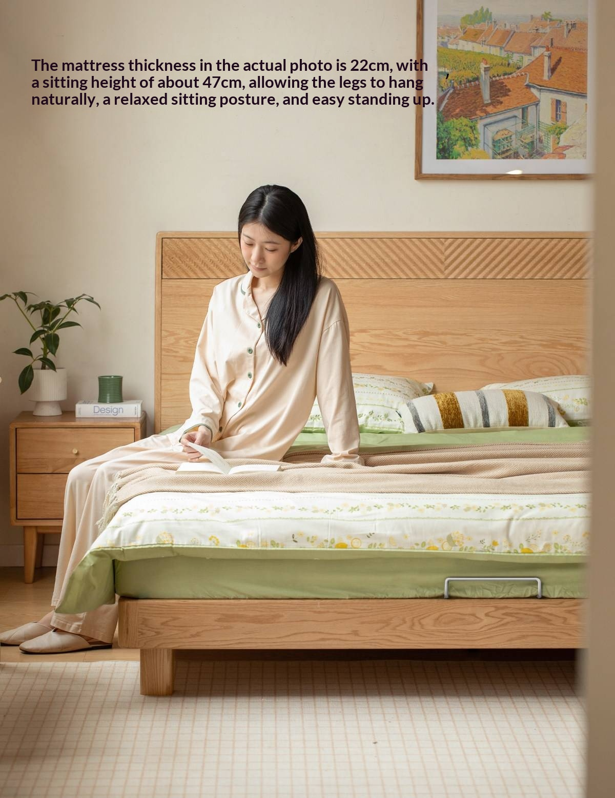 Oak Solid Wood Platform Bed with Grooved Panel Headboard Accent