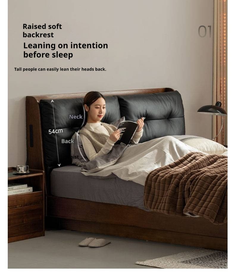 Oak Solid Wood Luxury Genuine Leather Box Bed