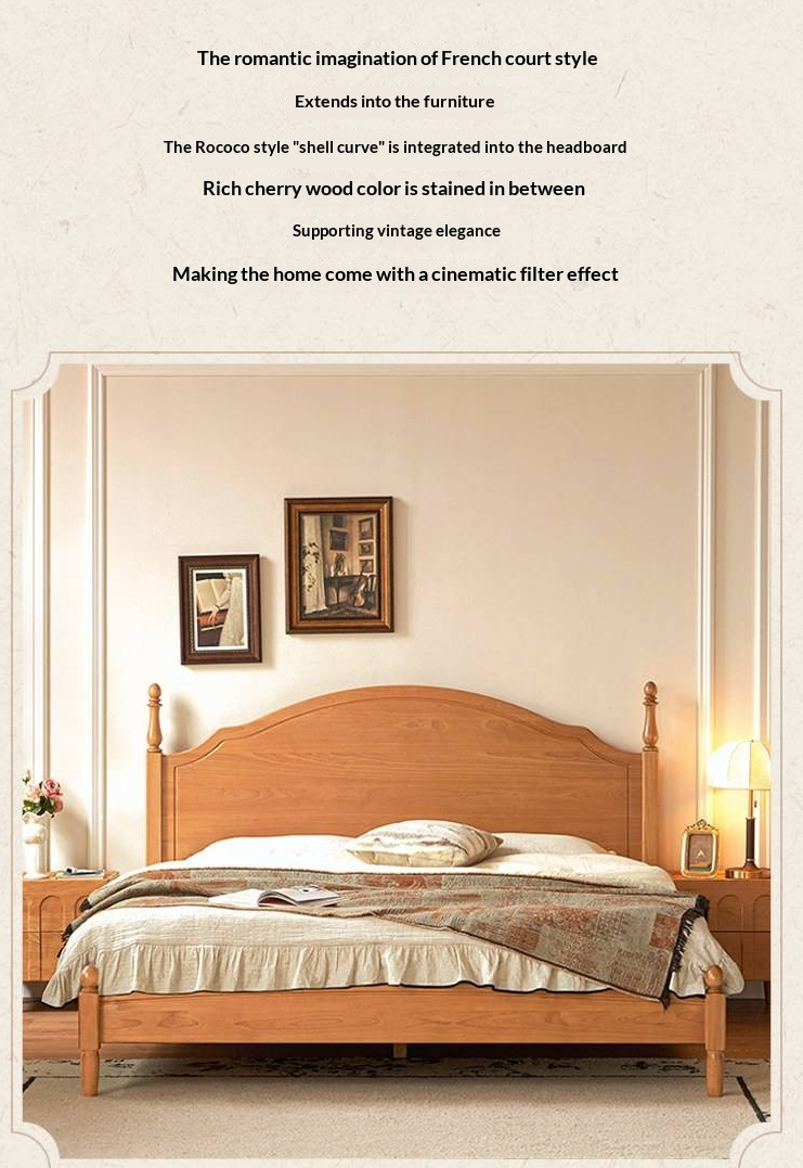 Birch Solid Wood Bed — French Retro Style, Large Slab Design, Mid-Range Style