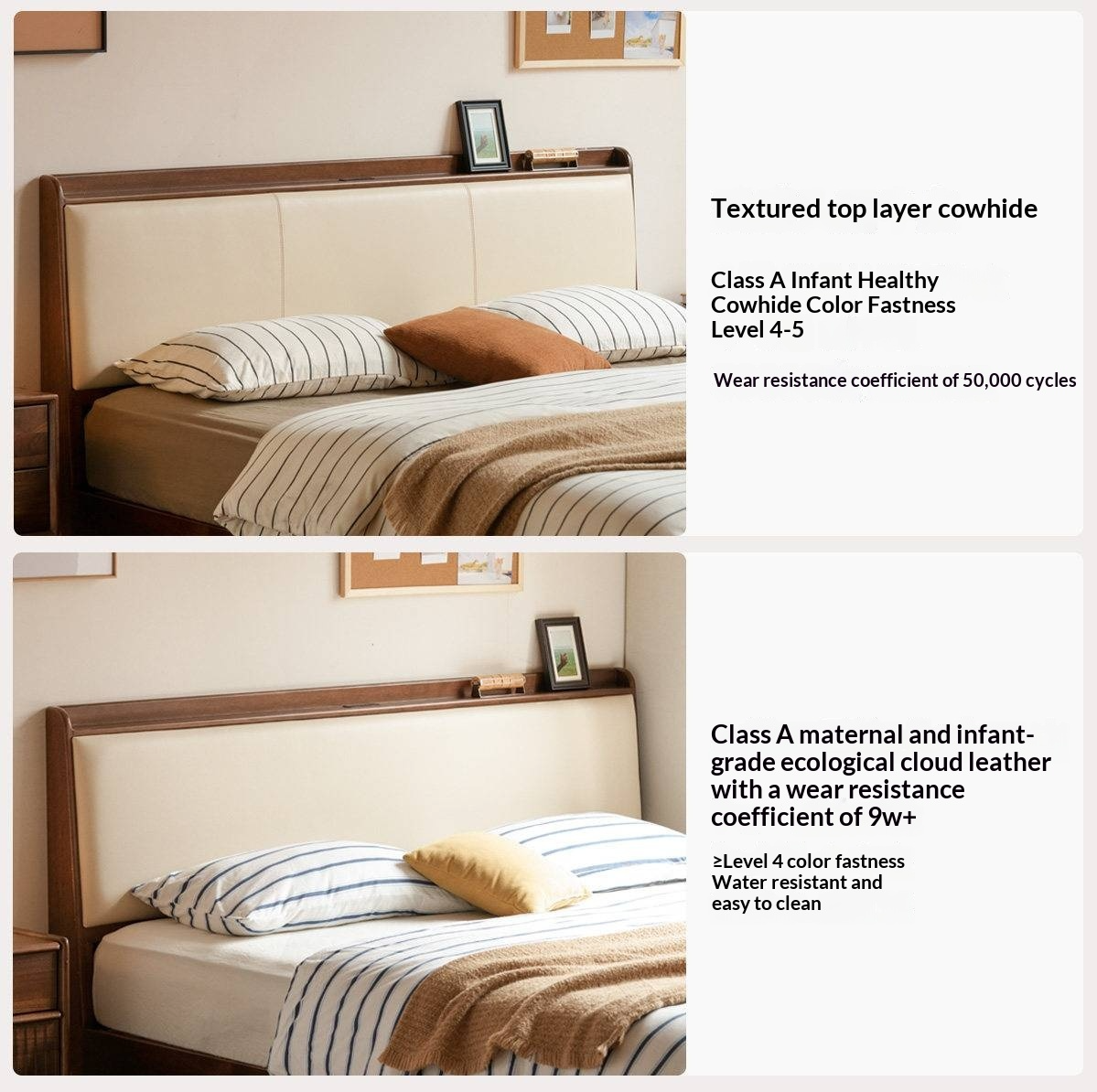 Golden Rosewood Solid Wood Modern Bed with Leather Upholstered Headboard and Built-In Power Outlets