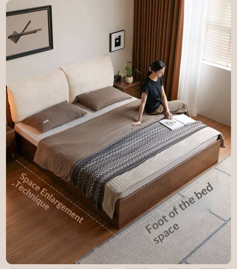 Rubberwood Solid Wood Storage Bed with Lift-Up Platform and Oversized Cushioned Headboard
