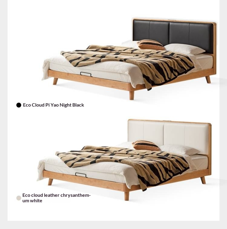 Cherry Solid Wood Bed with Top Layer Cowhide Soft Headboard Retro Style