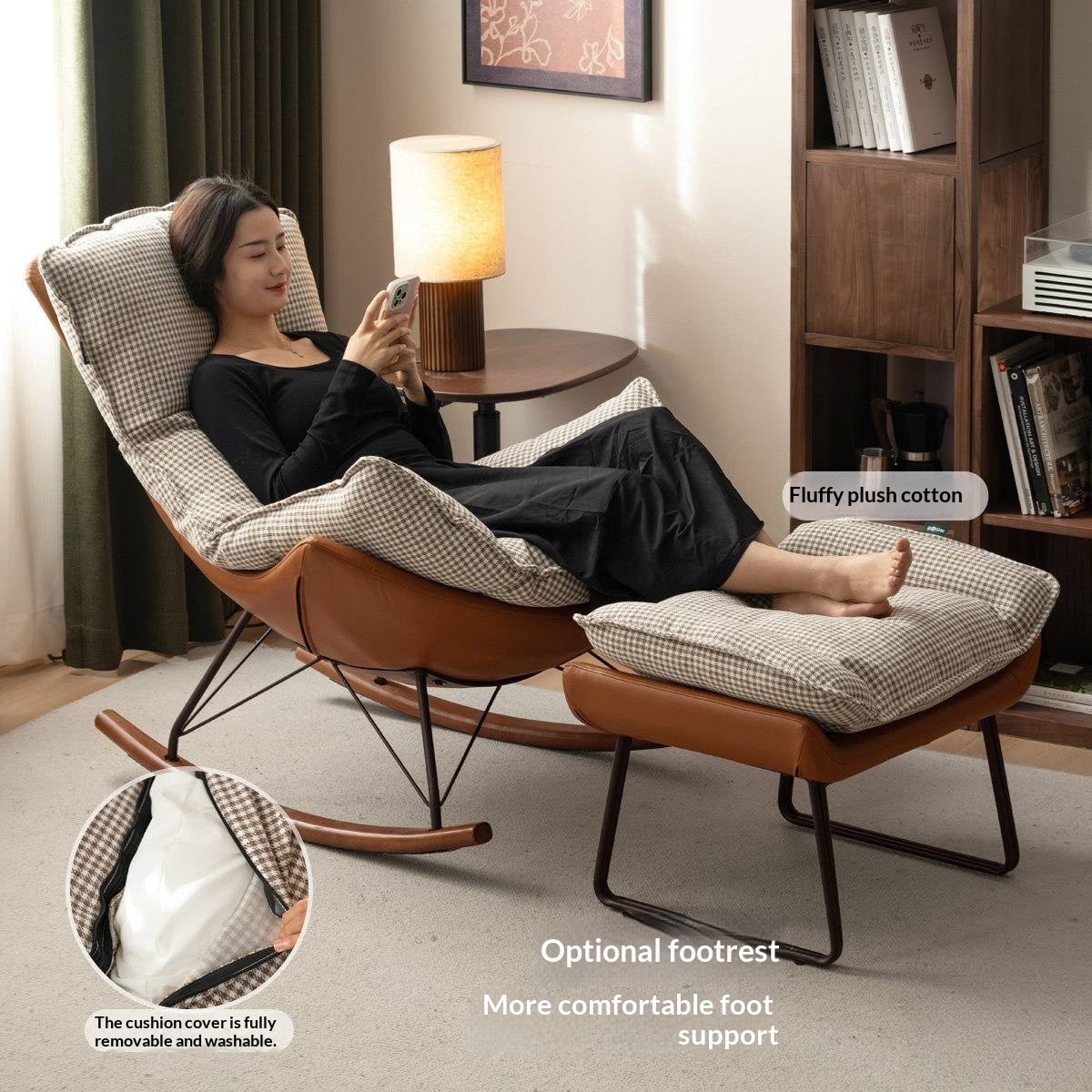 Beech Solid Wood Mid-Century Rocking Accent Chair with Houndstooth Cushion