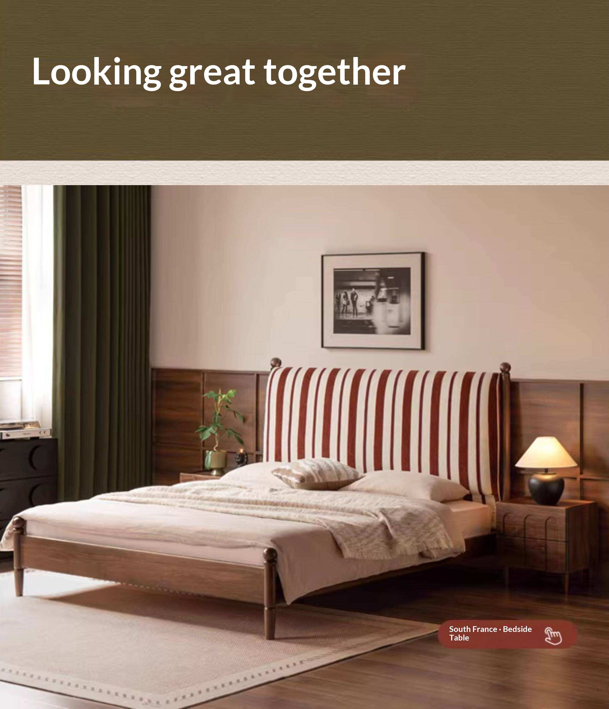 Black Walnut Solid Wood Striped Upholstered Panel Bed