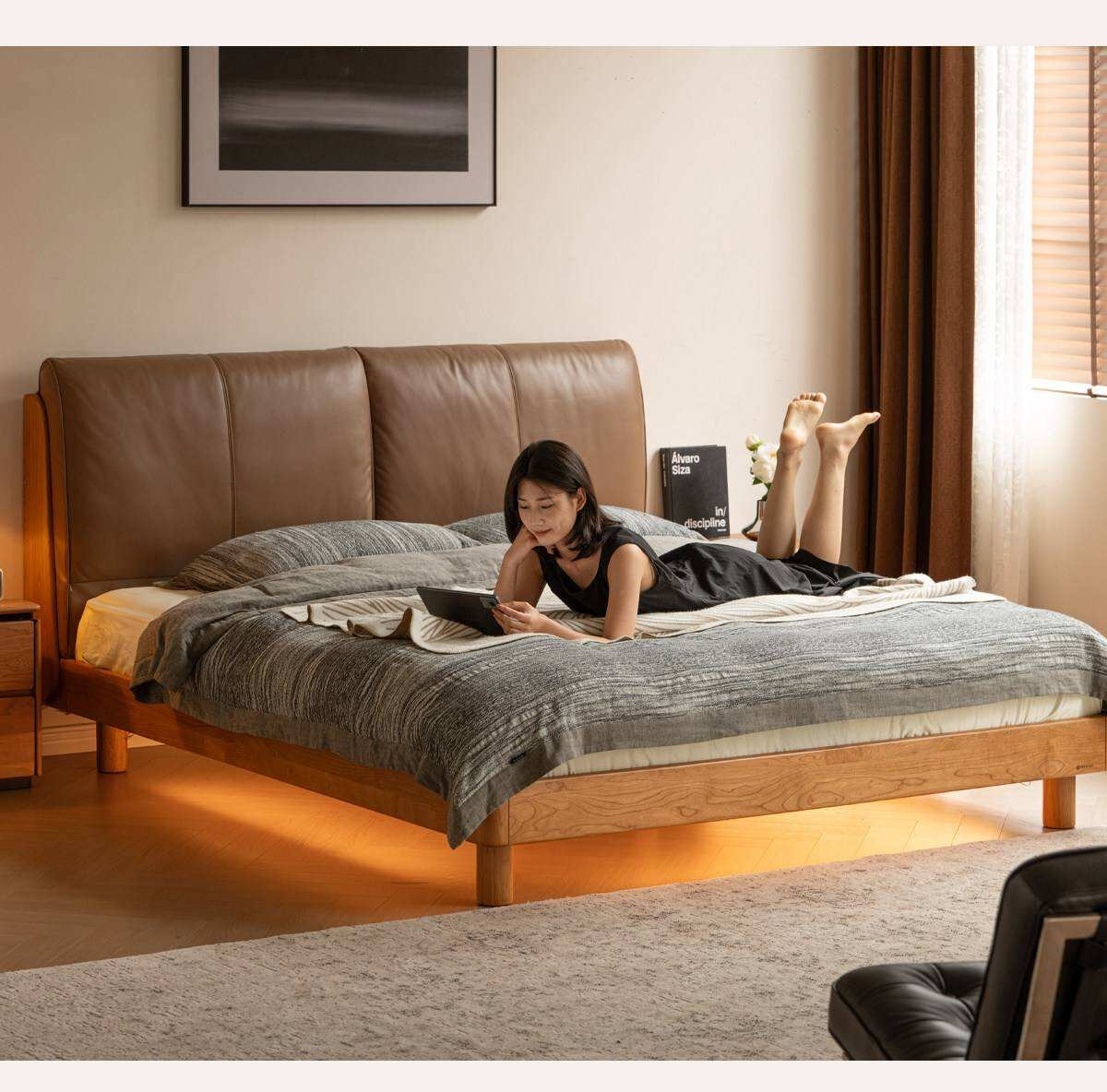 Cherry Solid Wood Bed with Genuine Leather Upholstered Headboard and LED Lighting