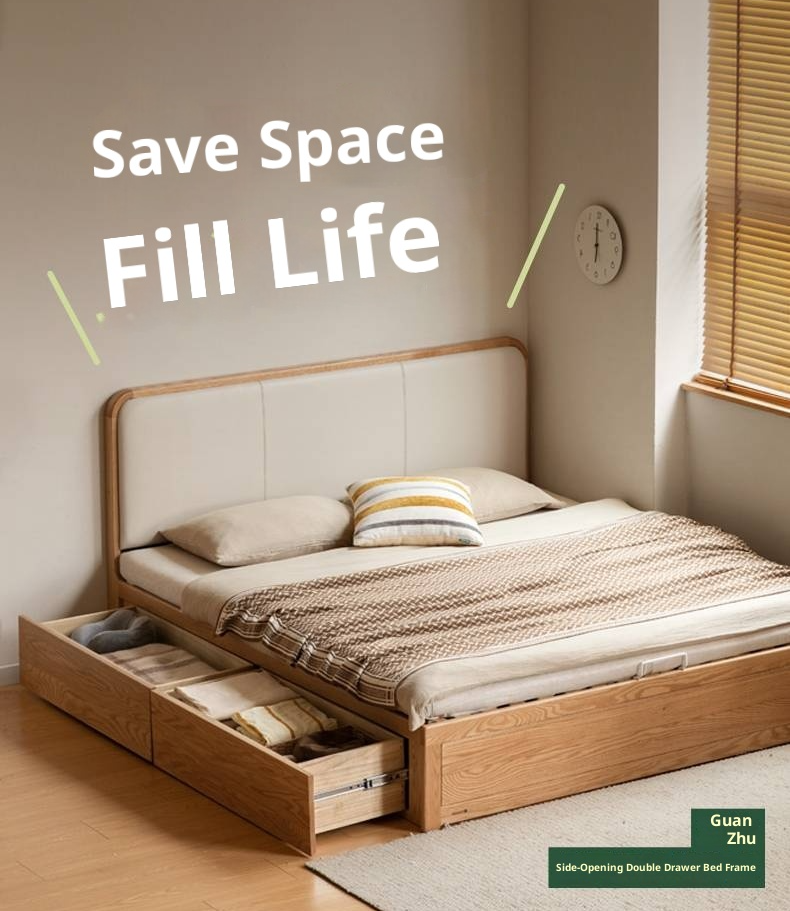 Oak Solid Wood Genuine Leather,  Eco-leather Box Bed