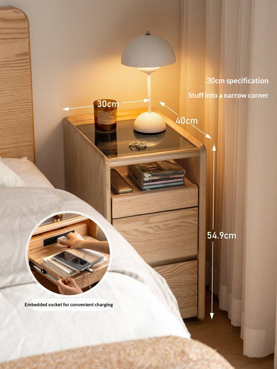 Ash Solid Wood Nightstand With Glass Top