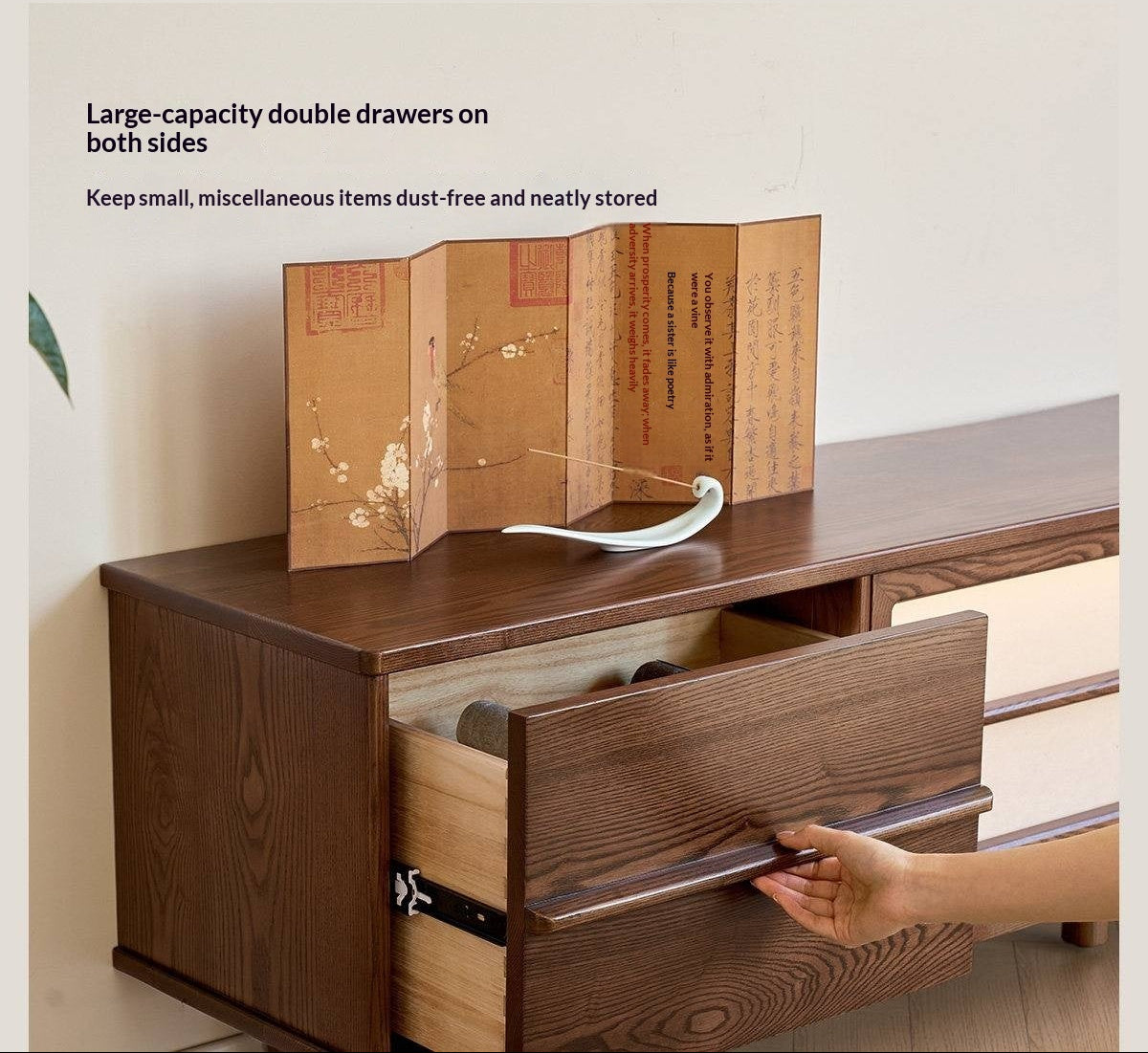Ash Solid Wood Japanese Shoji-Style TV Console with LED Ambient Lighting