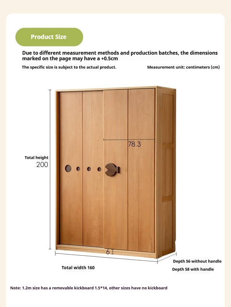 Beech Solid Wood Kids Sliding Door Wardrobe with Adjustable Shelves