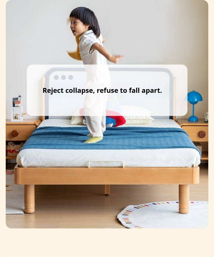 Beech Solid Wood Kids Montessori Platform Bed with Upholstered Headboard