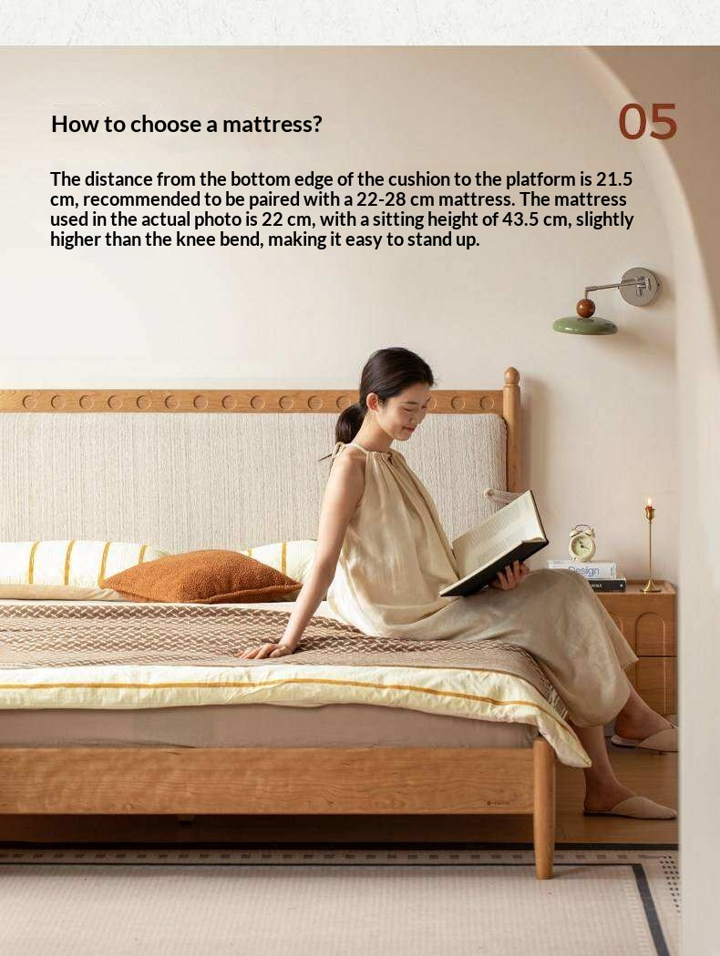 Cherry Solid Wood Double Bed with Vintage Style and Leather Upholstered Headboard