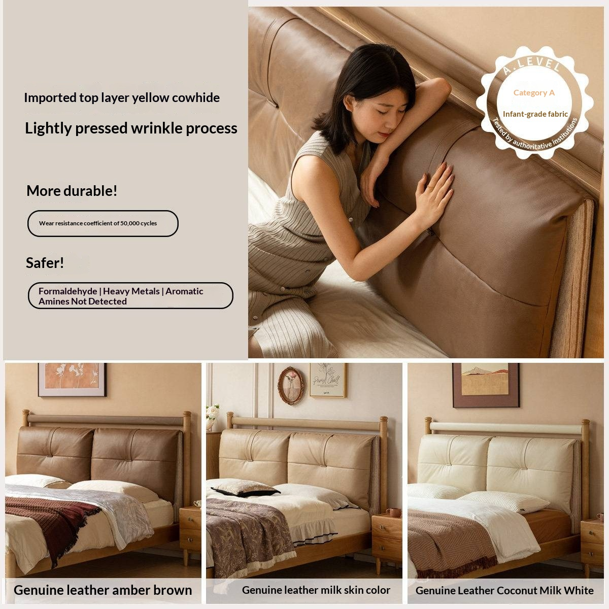 Ash Solid Wood Bed with Plush Genuine Leather Cushioned Headboard