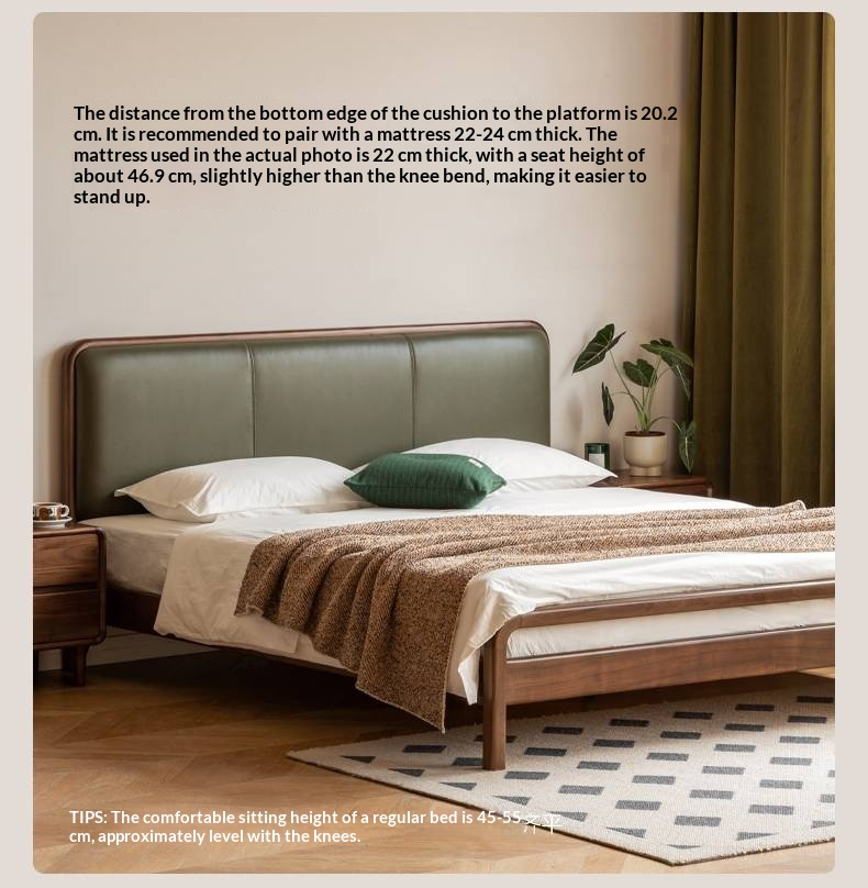 Black Walnut, Beech Solid Wood Retro Upholstered Large Bed