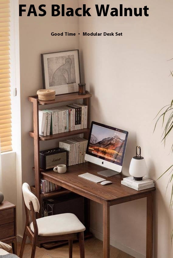 Black Walnut, Ash Solid Wood Desk Bookshelf Integrated
