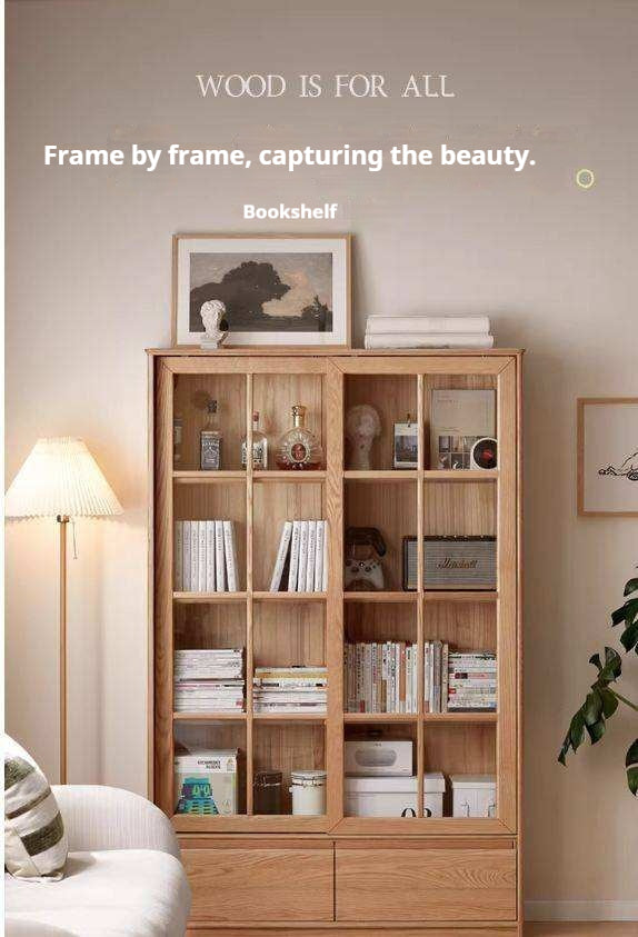 Ash Solid Wood Bookcase with Sliding Doors and Floor-to-Wall Glass Display Cabinet