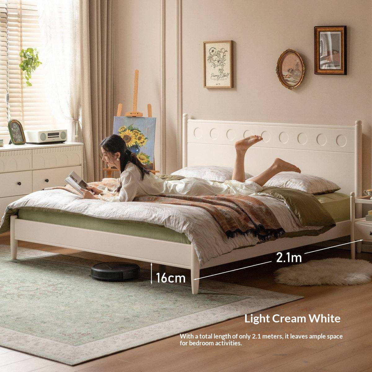 Rubberwood Solid Wood Platform Bed with Carved Dot Headboard and Spindle Legs