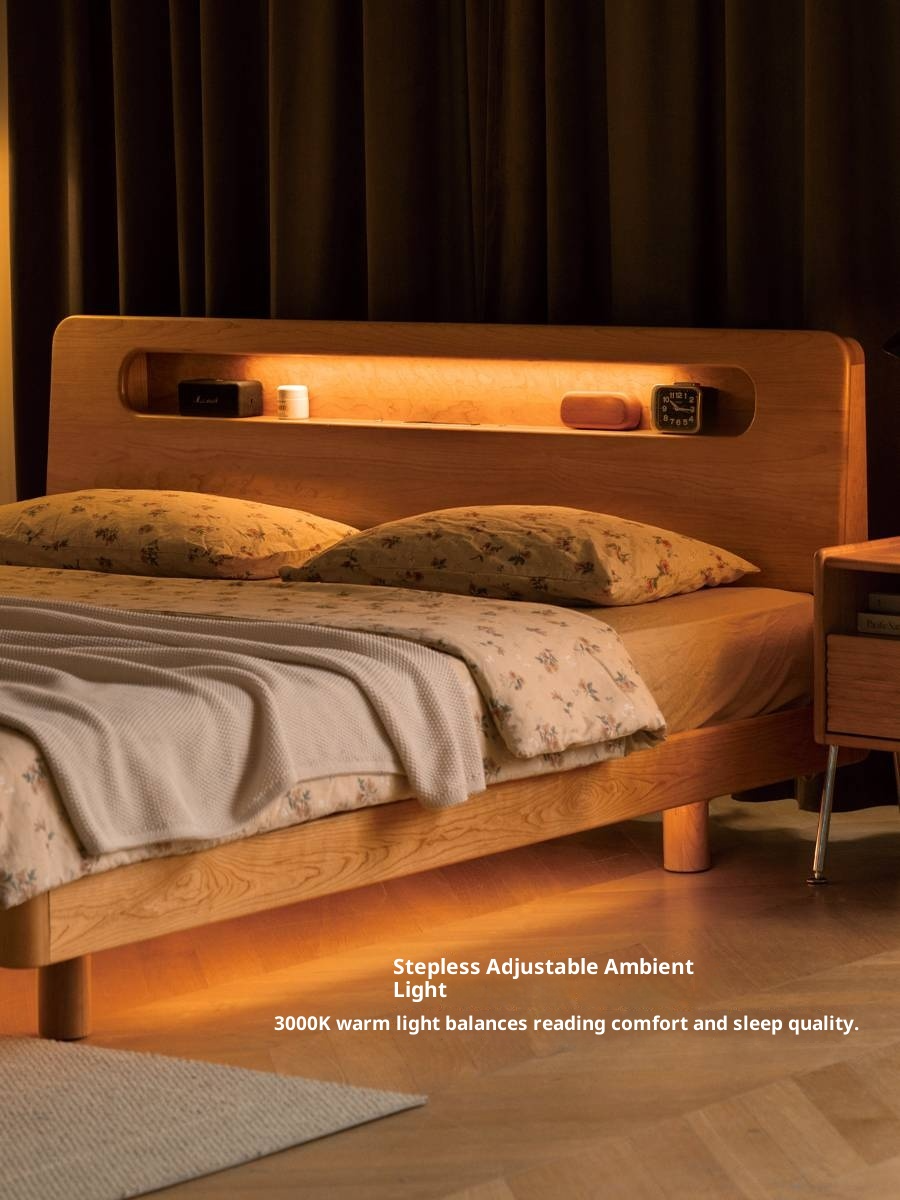Cherry Solid Wood Retro with Socket Night Light Bed