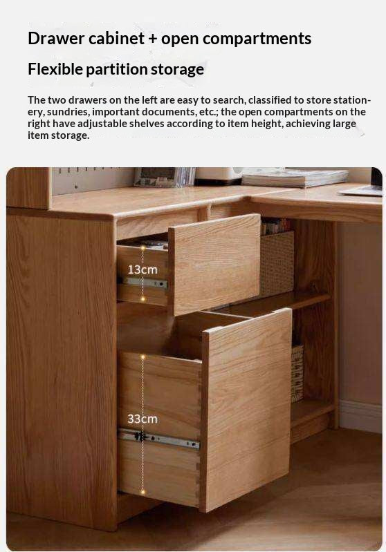 Oak Solid Wood Desk Bookcase Integrated Corner Office Table