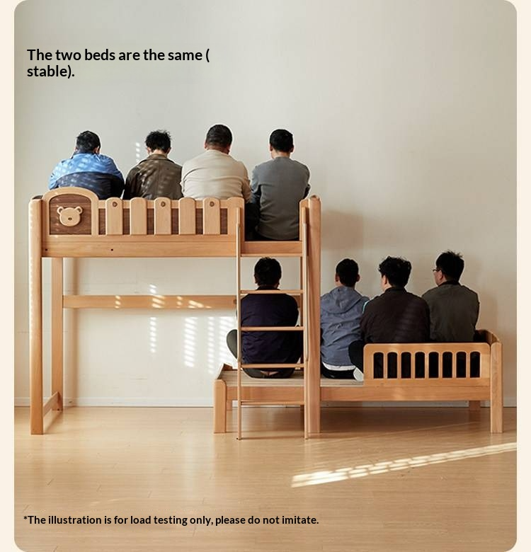 Beech Solid Wood L-Shaped Bunk Bed with Bookshelf Headboard and Detachable Guardrail